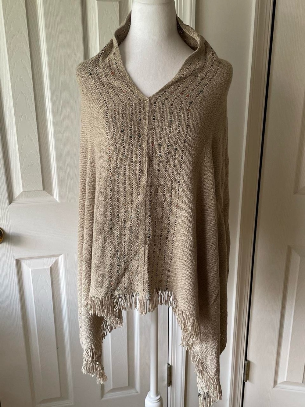 Beige Fringe Knit Women's Poncho Sweater